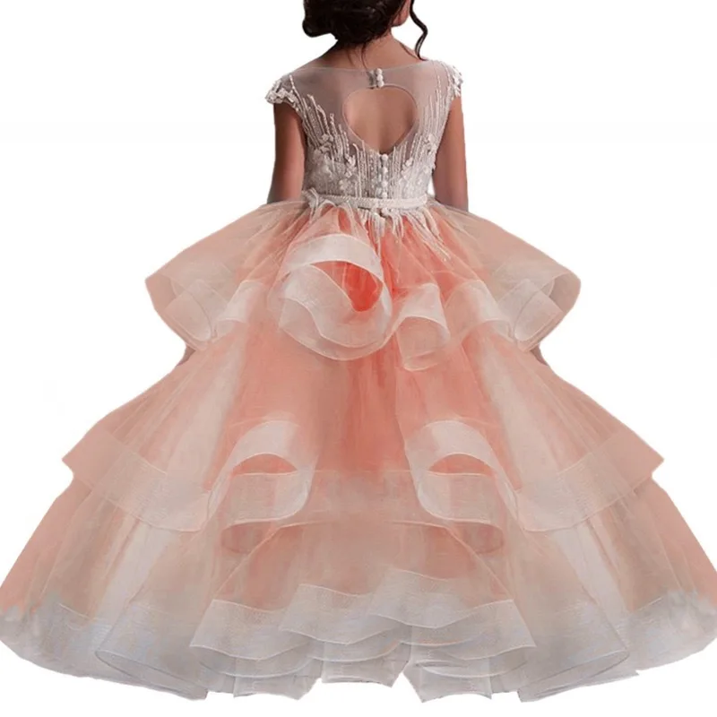 Hot Selling  Party Dress Girls 2-14 Years Mesh Flower Girl Dresses for Weddings Patchwork Ankle-Length Child Birthday Ball Gowns