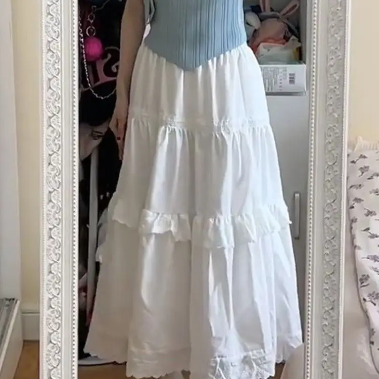 

Шикарная полудлинная юбка-кейк с кружевной отделкой, белая, весна-лето, модная, стройнящая, в корейском стиле, с завышенной талией, из полиэфирного волокна