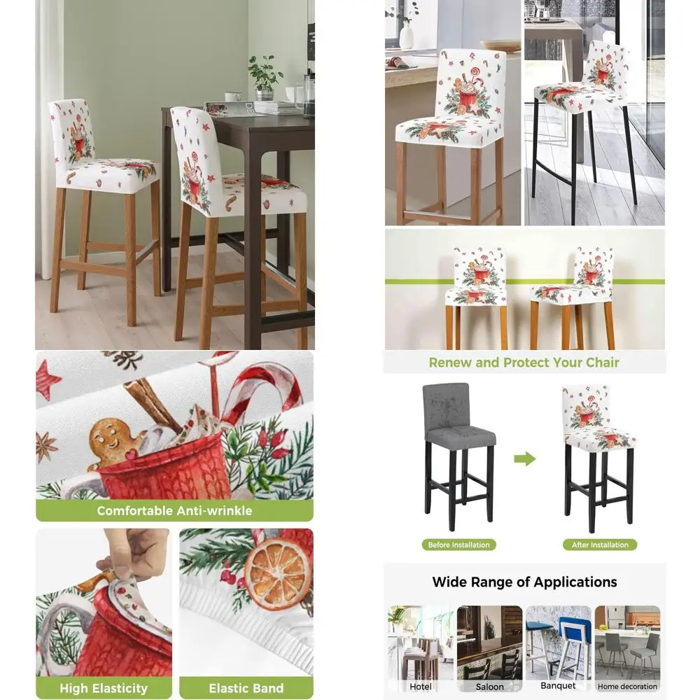

Gingerbread Candy Cane Bar Stool Covers, Set of 4, Stretchy Christmas Chair Slipcovers for Kitchen, Dining, and Cafe Furniture