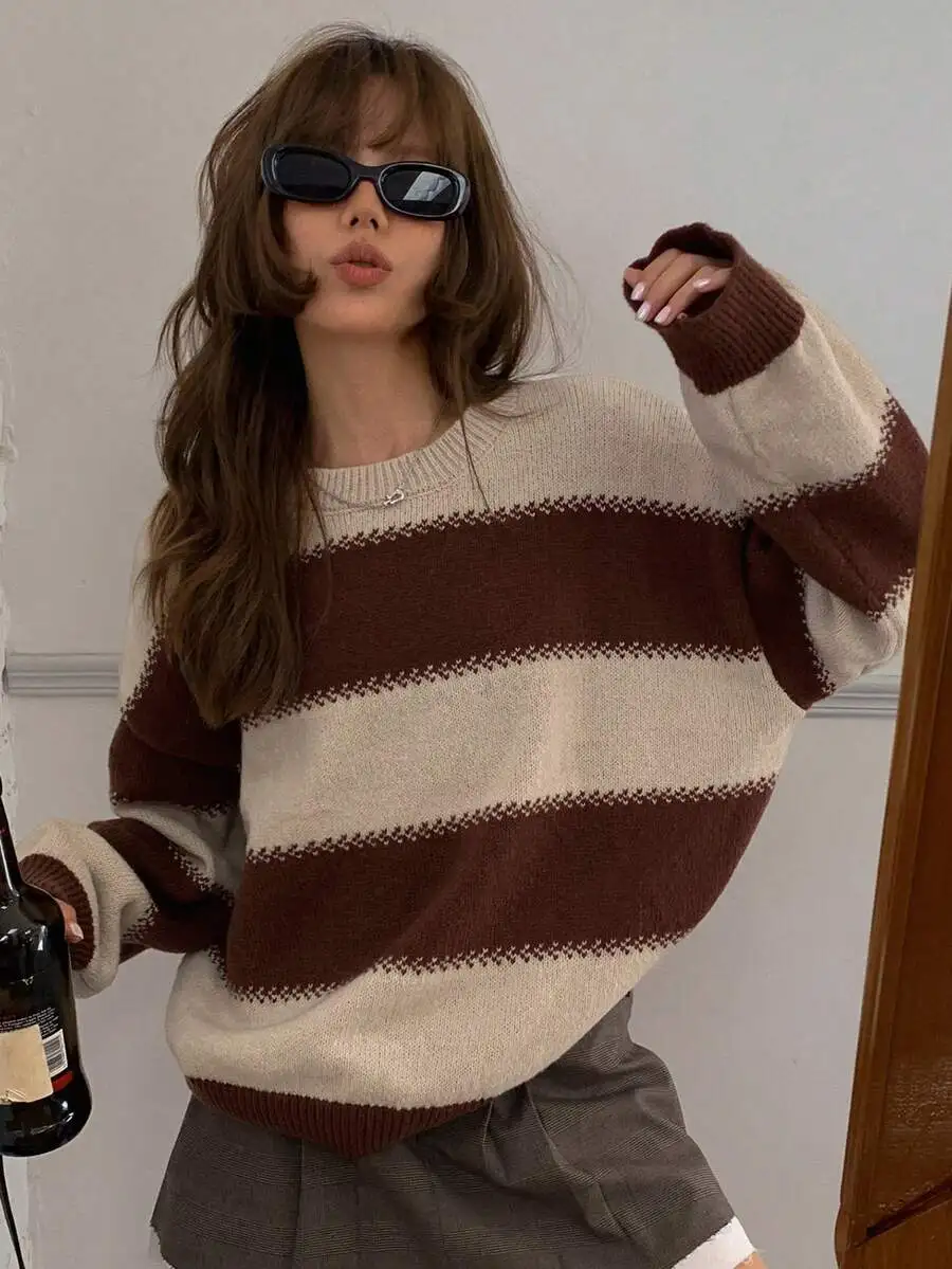 

Brown and Cream Striped Loose Fit Round Neck Long Sleeve Knit Sweater for Women