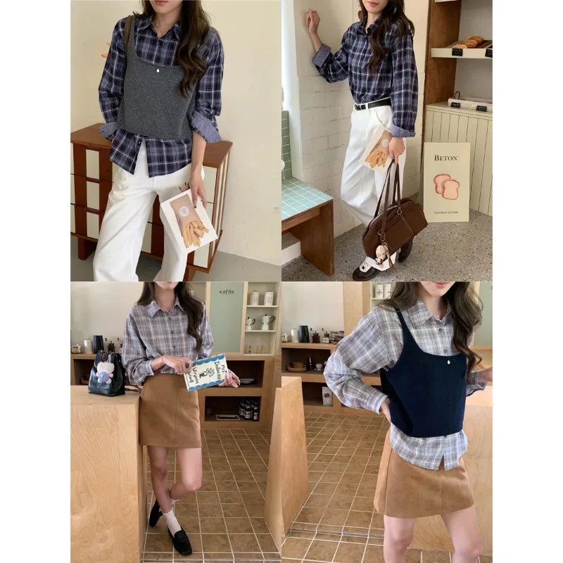 Autumn New Lazy and Relaxed Color Blocking Plaid Casual Shirt for Layering