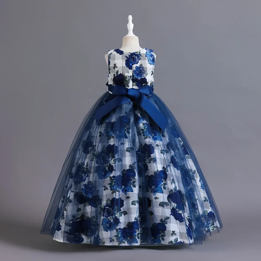 New Children Wedding Party Dress Gril Skirt Sash Tied Waist Bow Layered Tulle Gown Skirt Kid Sleeveless Floral Print Girl Dress