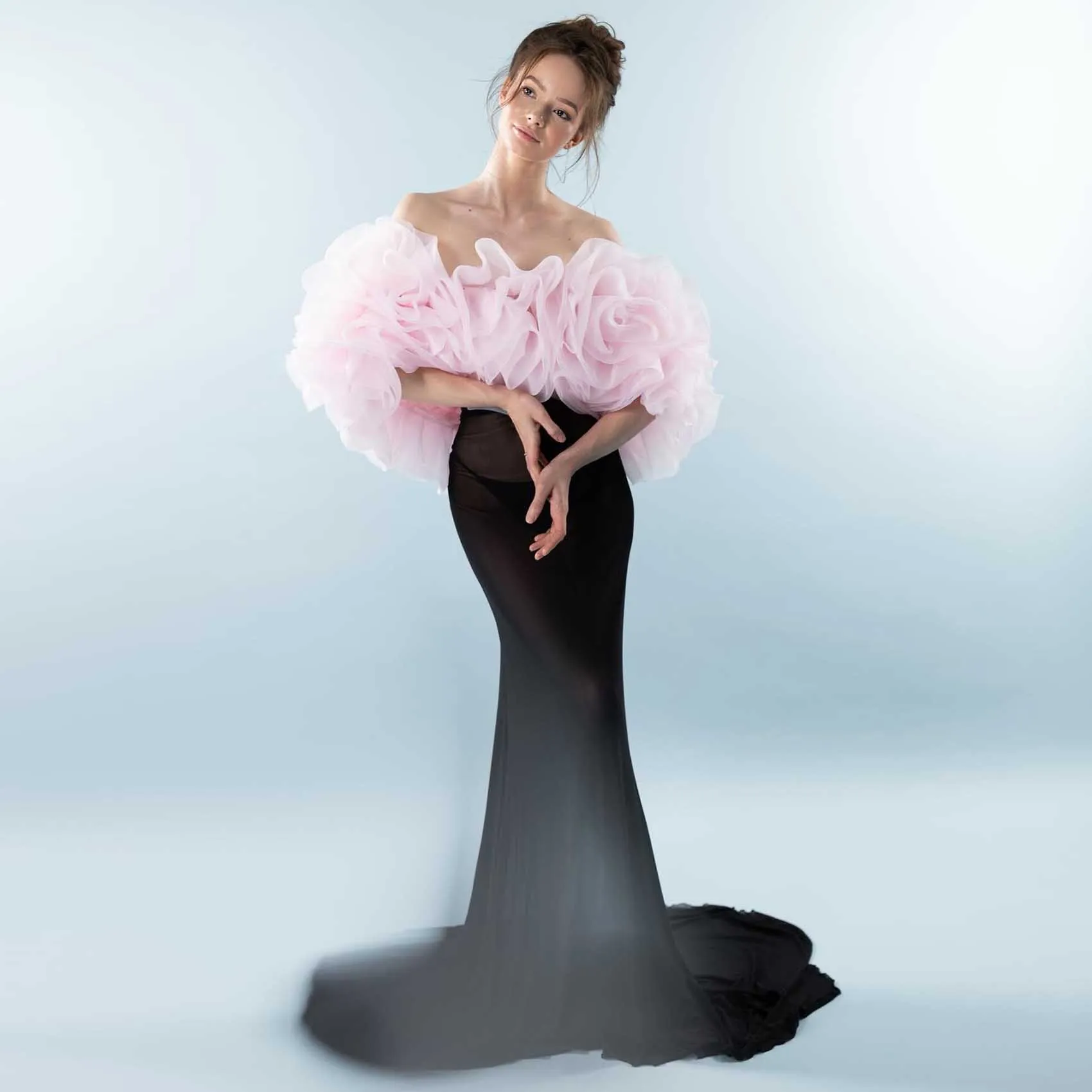 Vestido maxi de tule transparente preto da moda com rosa artesanal transparente sereia vestidos de festa de casamento organza capa floral personalizada