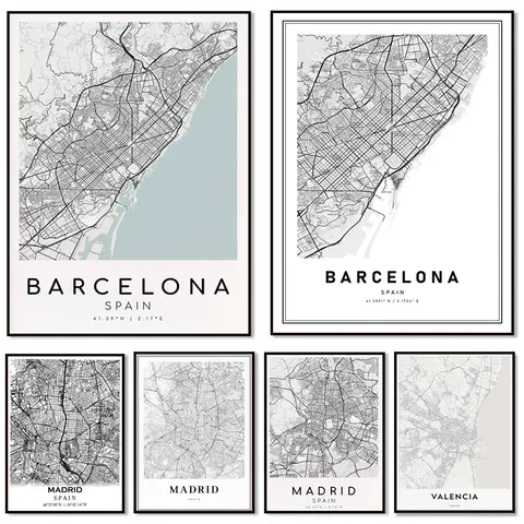Madrid, Barcelona, ​​Seville, Tenerife, Cordoba West, Oviedo, Valencia, Cadiz West, L’Hospitalet de Llobregat map poster