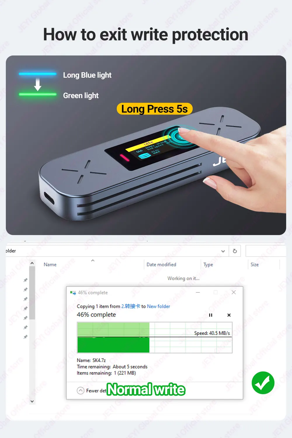 JEYI M.2 NVMe/SATA SSD Smart Display Gehäuse USB 3.2 10Gbps Tragbares Externes M2 Adaptergehäuse Unterstützt M-Key B+M Key UASP Trim – Detail 7