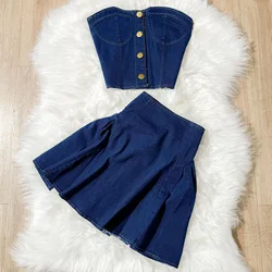 Women Dress Stets Denim Washing Two Pieces Strapless Vest Sheath Basics Pleated Mini Skirts Solid Pockets 2024 Button Sexy