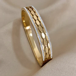 Greatera Trendy Rhinestone Charm Oval Stainless Steel Cuff Bracelet Bangles for Women Gold Plated Waterproof Jewelry