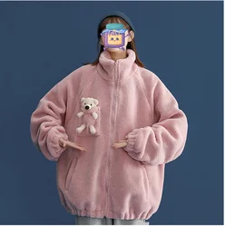 Lamb Fur Bear Coat Female Autumn and Winter Unique Fashion Design Plus Velvet Thick Ins Lazy Style BF Wind Oversize Zip Up Top