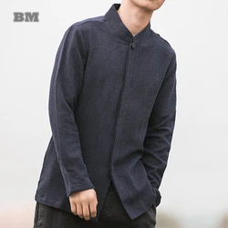 Chinese Style Linen Shirt Men Clothing Vintage Long Sleeve Spring Plus Size Tai Chi Kung Fu Tang Suit Traditional Coat Male