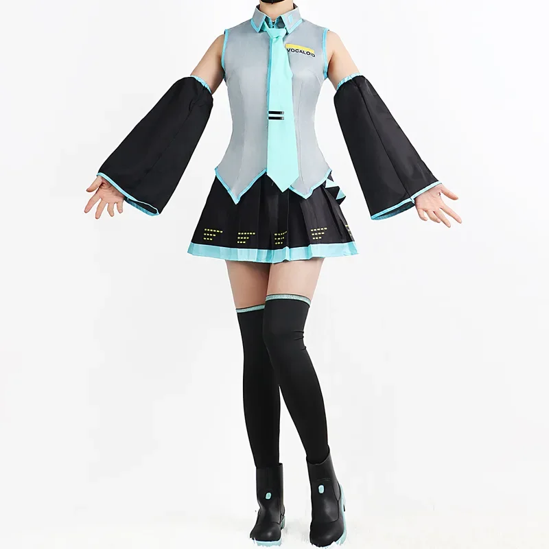 SN55Miku Cosplay Full Set Silver Grey Patent Leather Fabric Suit Miku Cosplay Shoes Headwear Costume Outfit JK uniform Cosp$5Q@1