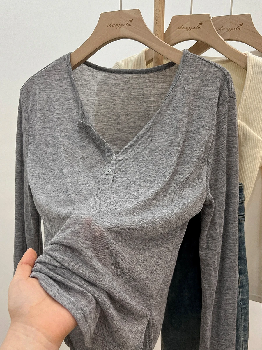 Autumn Grey Loose Long Sleeved T-shirt Women Summer Half Open Collar Solid Sunscreen Top Korean Version Commuting Pullover