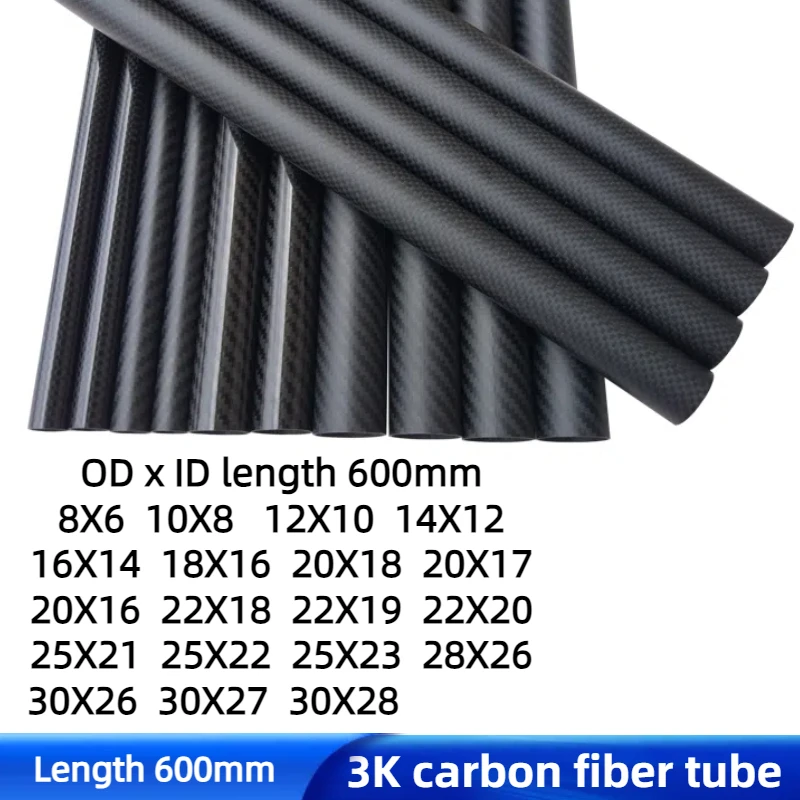 length 600mm 3K carbon fiber tube drone accessories OD8mm 10mm 12mm 14mm 16mm 18mm 20mm 22mm 25mm 30mm Twill matte Carbon tube