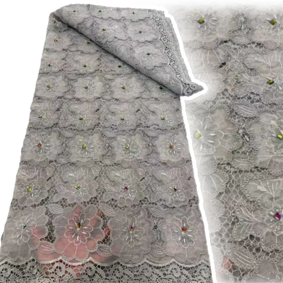 

2025 Высокое качество, африканский гипюр, водорастворимая нигерийская кружевная ткань, вышивка бисером, тюль, камни, свадебное платье TP1554