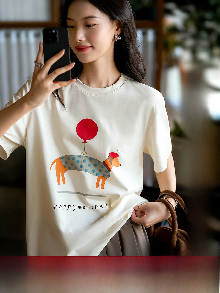 

Joyful Holiday Dog ort Sve T-irt Quali Cotton Cartoon Print New Arrival Women's Straight Cut Fit round Ne Tee