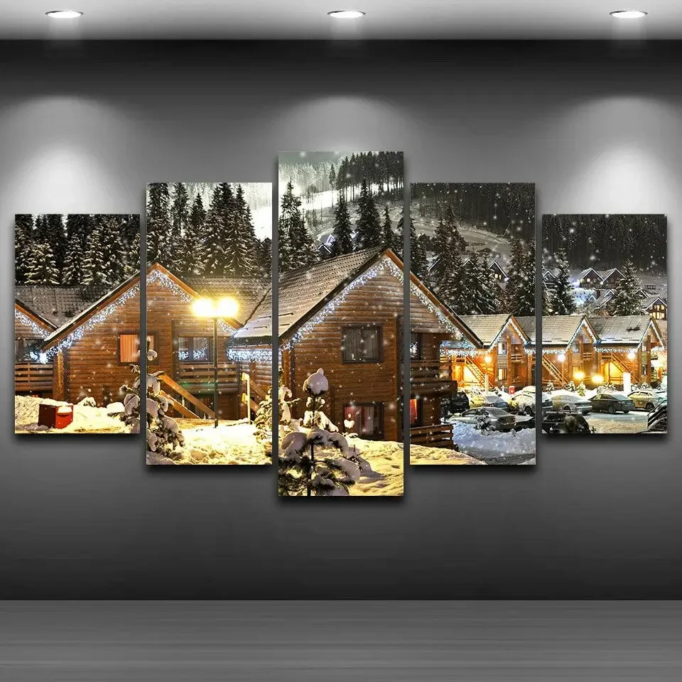 Winter Christmas Village Snow Houses 5 Panel Paintings HD Prints Posters Canvas Wall Art Pictures Gamer Living Room Home Decor