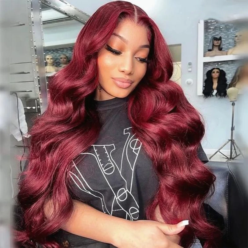 

Long Curly Hair Wine Red Lace Frontal Wig Wave Soft Human Hair Wig for Women Synthetic Lace Wigs Cosplay