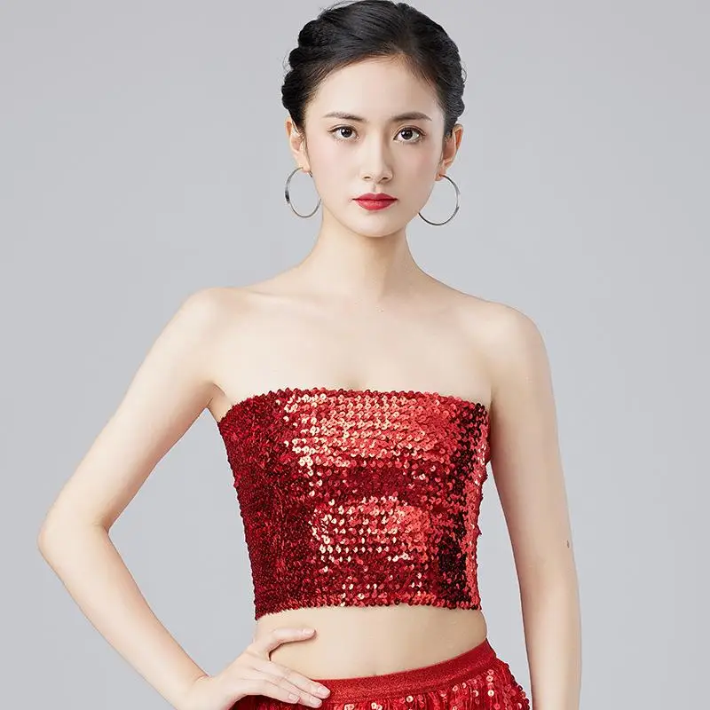 

Женский укороченный топ с блестками, сценический костюм, высокоэластичный бисер, анти-легкая накидка на груди, танцевальное представление живота, хорошее использование, Хэллоуин