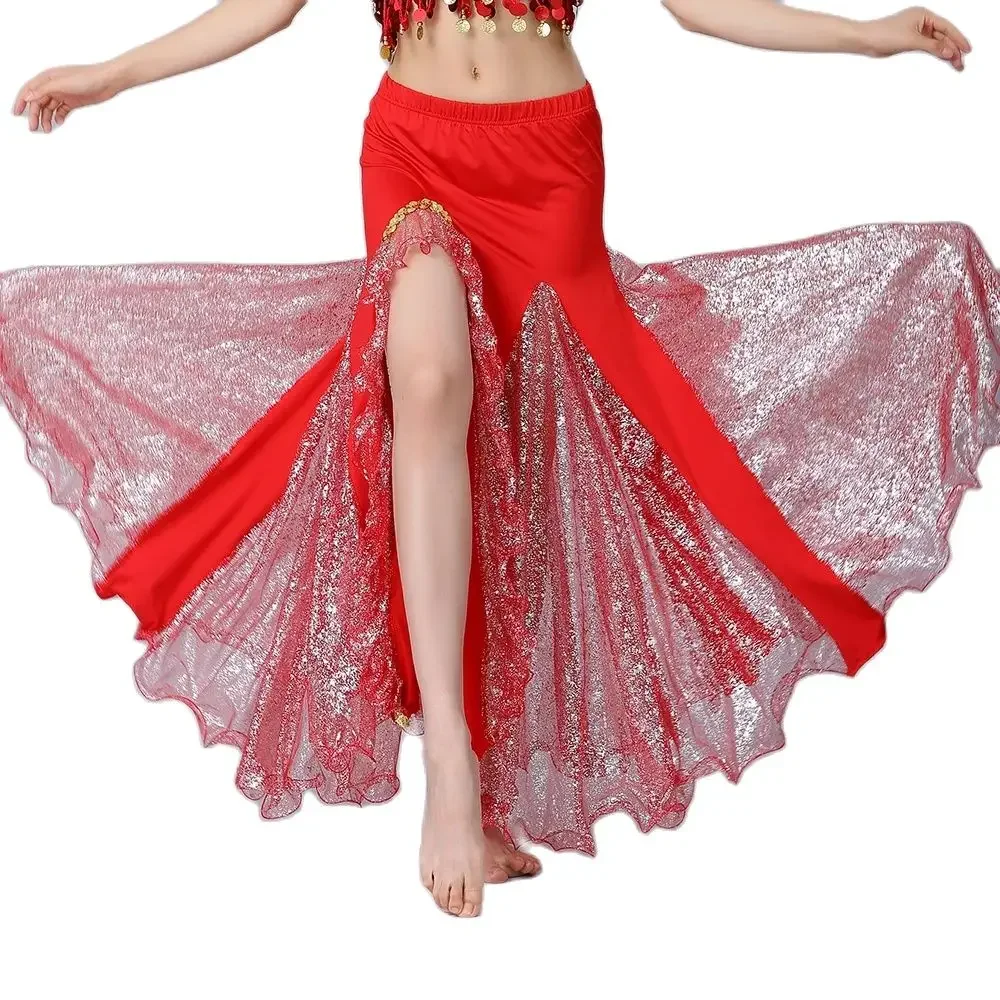 Women Belly Dancing Sequin Skirt Lady High Split Sexy Dance Skirt Shiny Dance Practice Performance Slit Skirt Floor Length