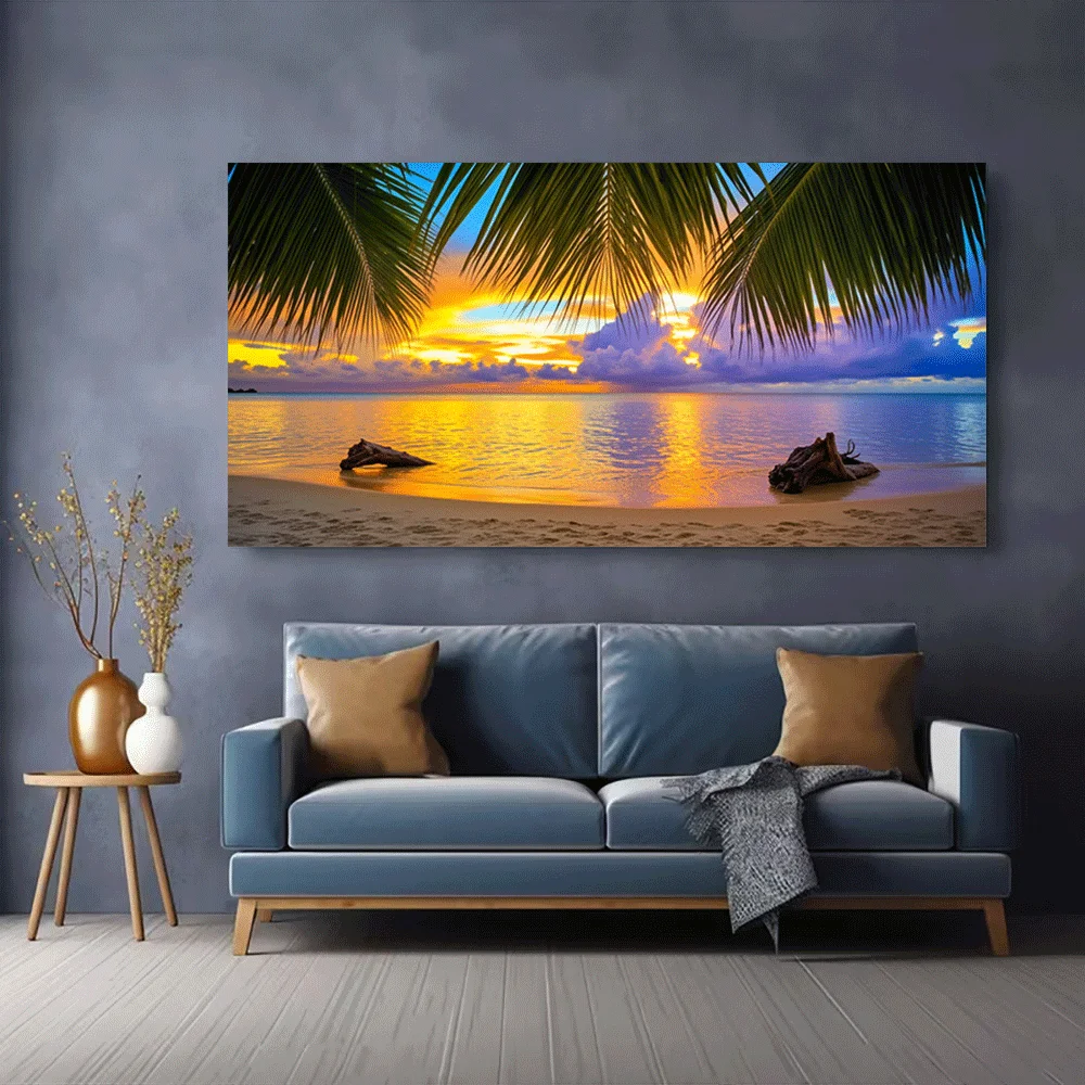 1PC-Canvas poster Unframed  Tropical Sunset Beach Palm Tree Ocean View Driftwood Paradise Landscape Art Print