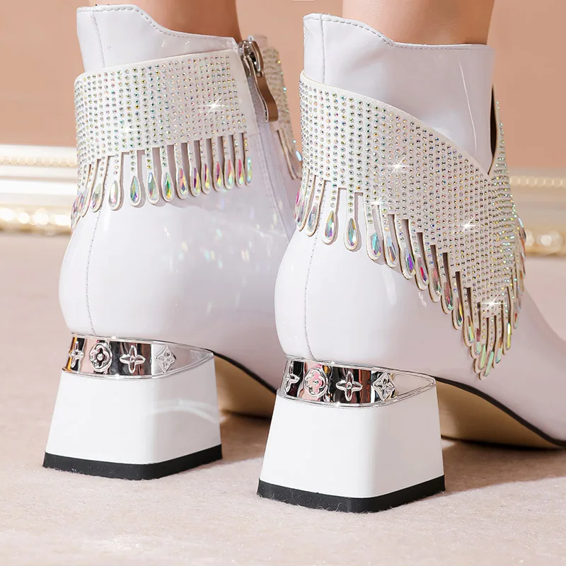 Phoentin rhinestone party Ankle boots for woman 2022 winter sexy pointed toe short boots elegant female black white shoes FT2014