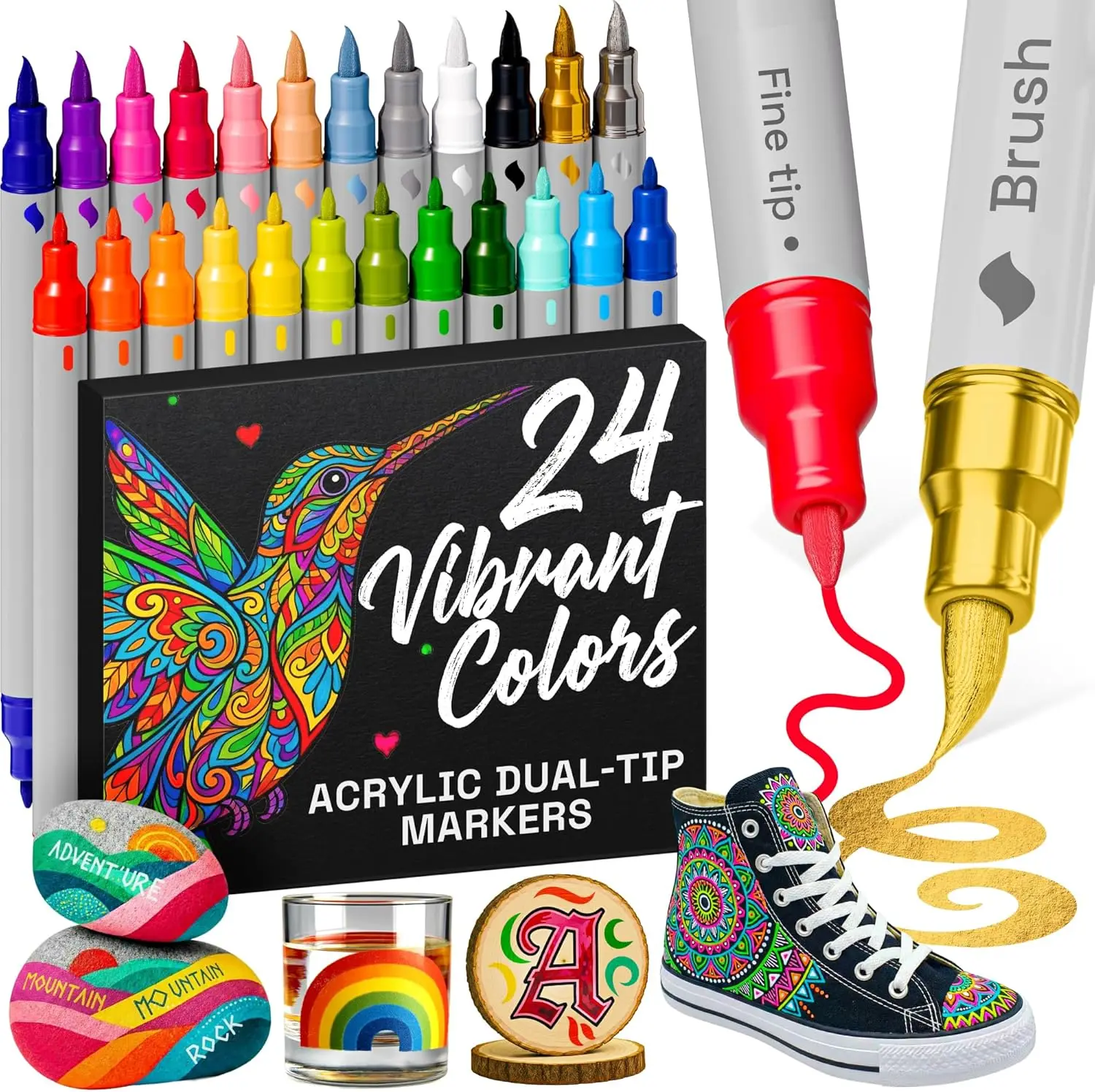 

24 Acrylic Paint Markers with Brush & Fine Tips for Fabric, Rock, Glass, Wood, DIY Crafts - Art Supplies for All Ages