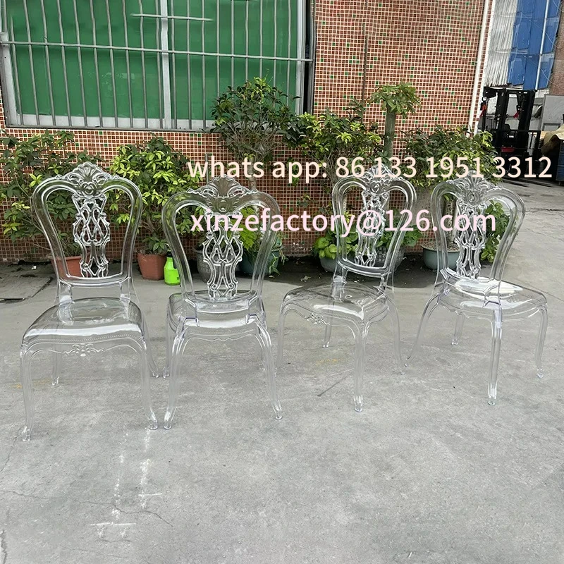 كرسي محكمة كريستالي قابل للتخصيص بسعر الجملة من الشركة المصنعة لقاعة الزفاف من الأكريليك الكريستالي كرسي زفاف شفاف قصر Transpa