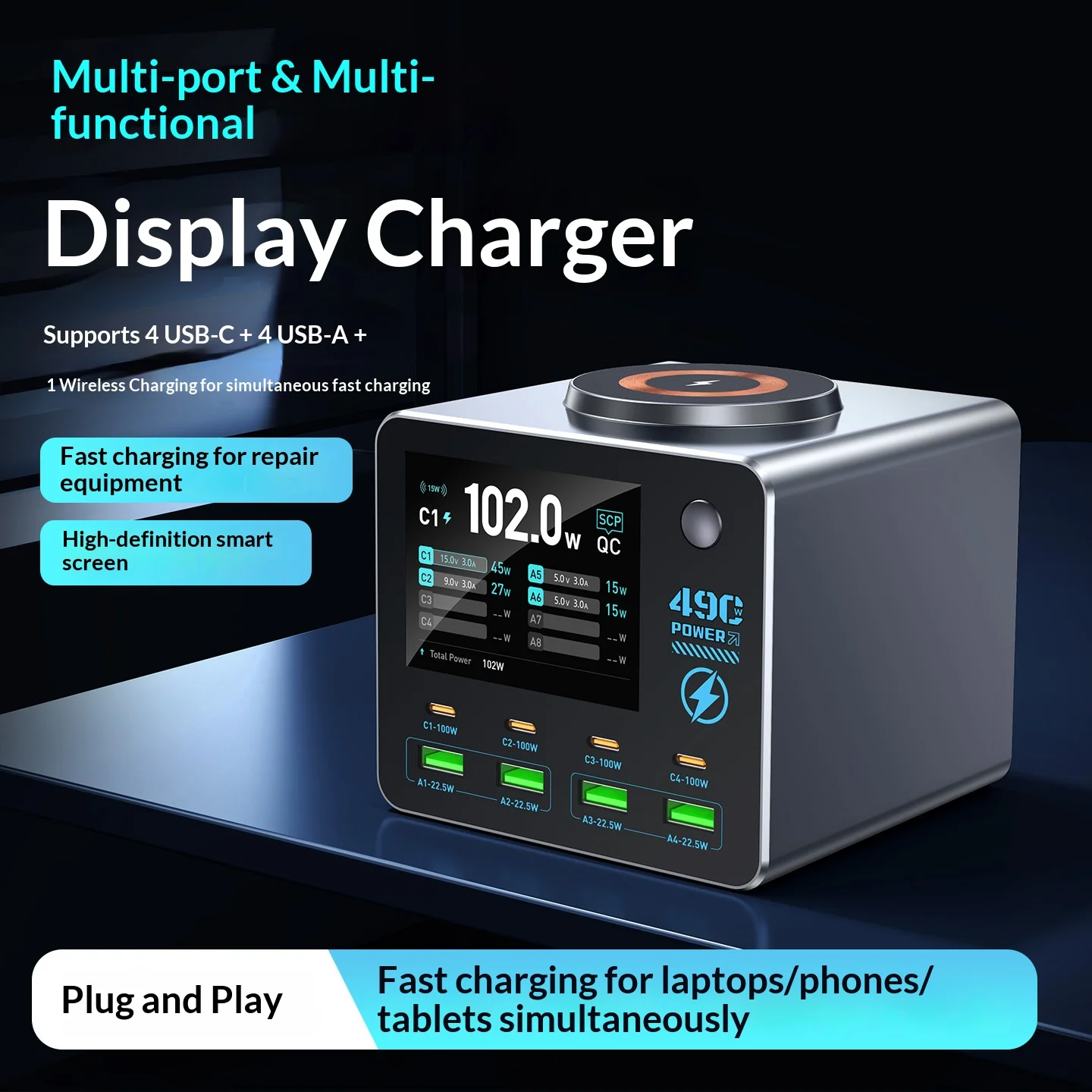 Multi-apparaat desktop oplaadstation 4C+4A+Draadloos opladen, 100W PD snellader met 2,8 inch TFT-scherm