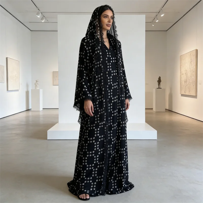 

Новый женский кардиган-абайя из шифона в горошек с хиджабом, модное мусульманское платье, дубайский кафтан, кебайя, исламское платье для Ид, джалабия, нарядное платье