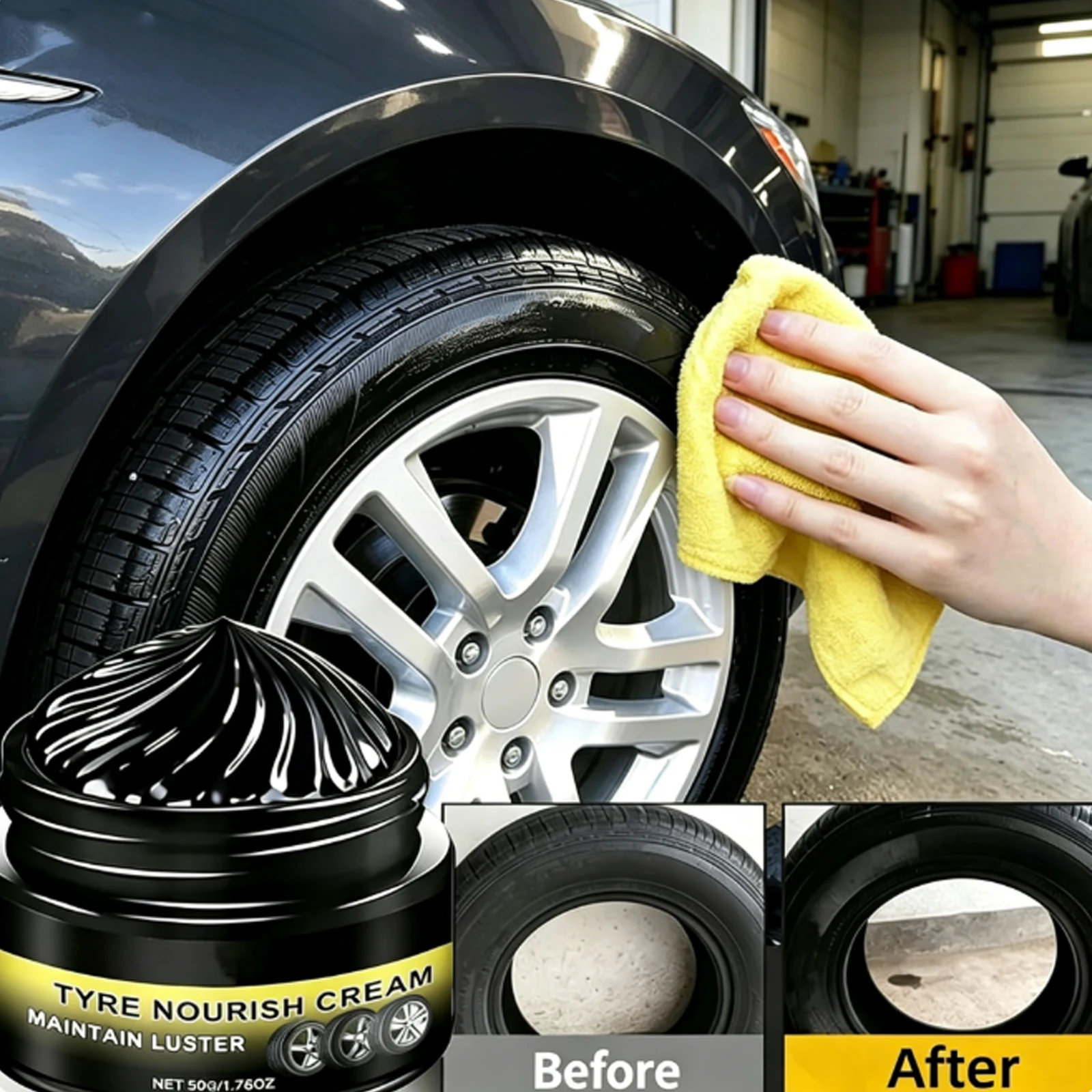 50g Tyre Nourish Wax Cream with Sponge Powerful Wheel Cleaning Refurbish Wax For All Car Models Tire Maintenance Brightener