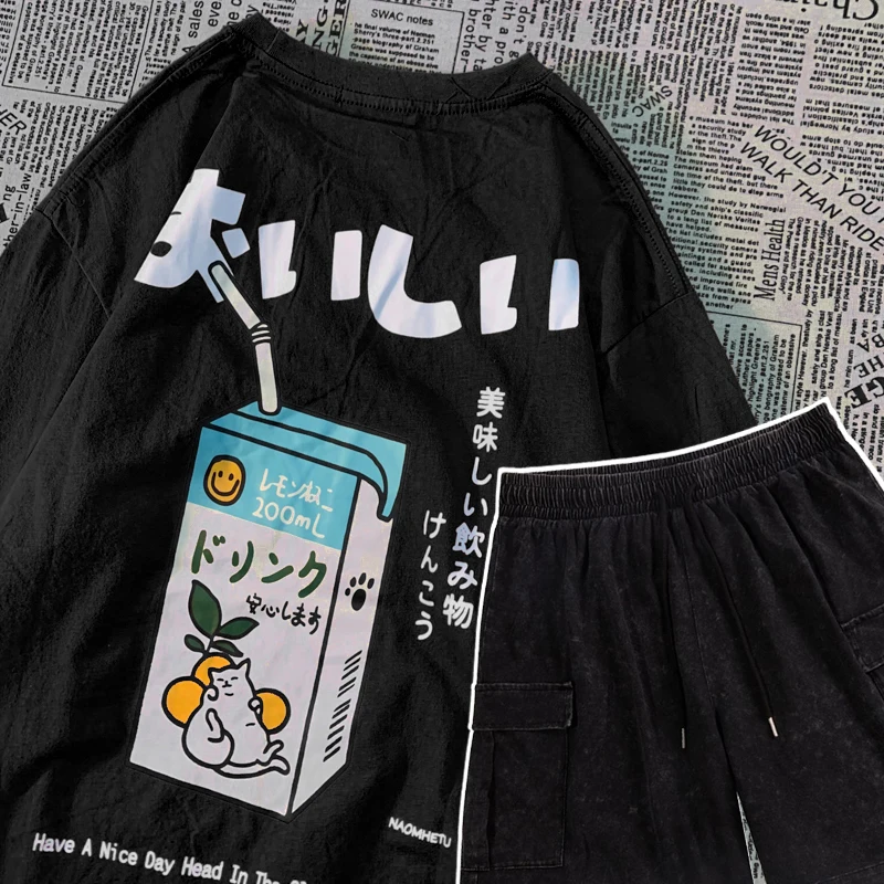 

Cute Japanese Cat Print Oversized T-shirt Set men Women Short Sleeve Loose Casual Shirt Streetwear Tops Cotton Harajuku Clothing