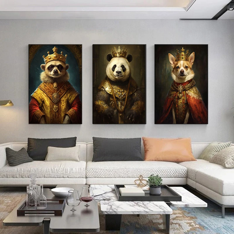 Cat Panda Giraffe Otter King Royal Animals Gold Crown Vintage Wall Art Posters Prints Canvas Painting for Living Room Home Decor