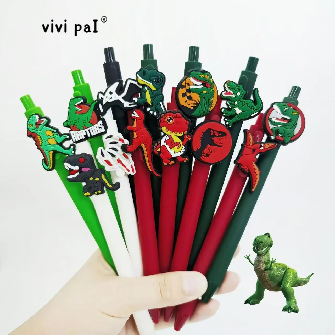 12Pcs dinosaur series patch pen PVC soft patch ballpoint pen, student school season signature gift pen, random style