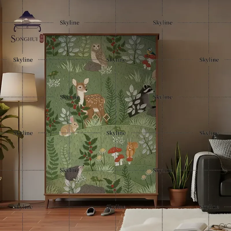 Medieval Style Pure Solid Wood Forest Animal Pattern Double Door Wardrobe New Chinese Style High End Bedroom Storage Cabinet