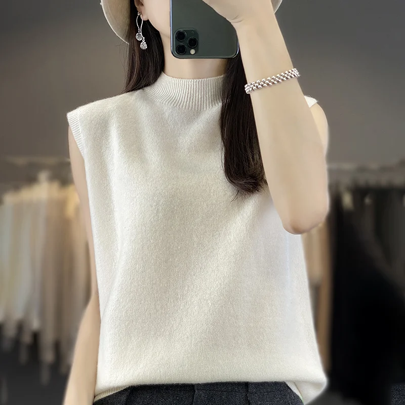 New Spring And Autumn High-end Half turtleneck Sleeveless Women\'s Knitted Woolen Sweater Sleeveless Top Vest WQ811