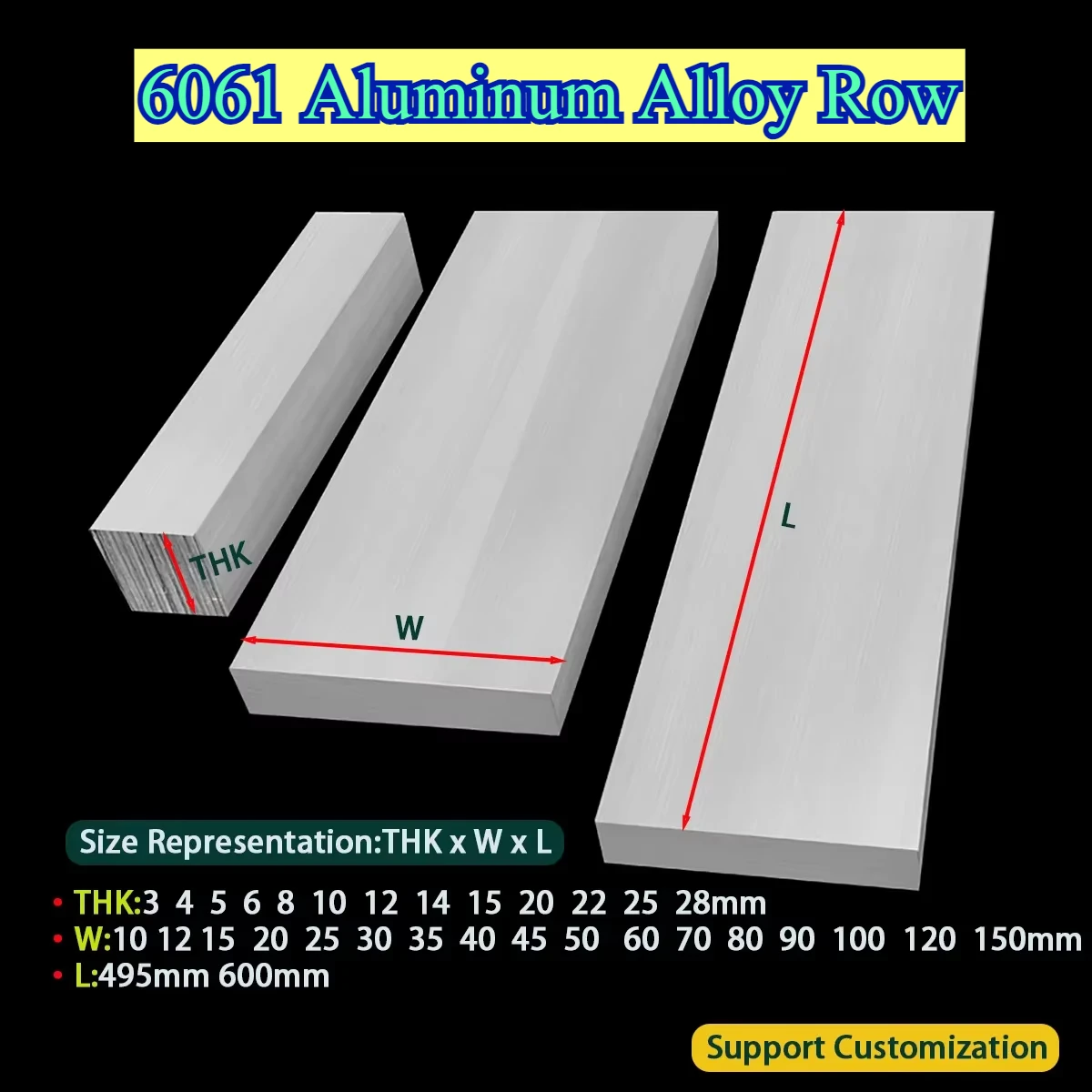 6061 Aluminum Alloy Row Flat Bar Plate Sheets Block CNC Metal Thik3/4/5mm 6mm 8mm 10mm 15mm 20mm 25mm Length 495mm Customizable