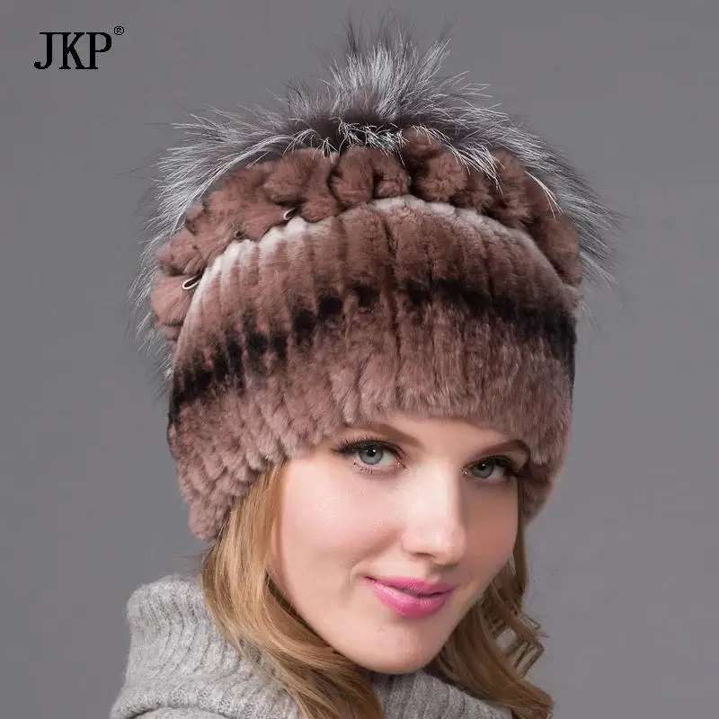Women's Autumn and Winter Natural Fox Fur Knit Hat Real Rex Rabbit Fur Hat Fashion Leisure Flower Top Knit Pullover Cap THY-40
