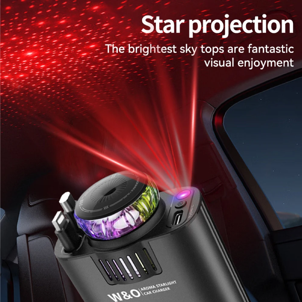 696 novo carregador de carro rápido 45w com porta usb céu estrelado projetor ambientador duplo cabo de carregamento retrátil para vários modelos