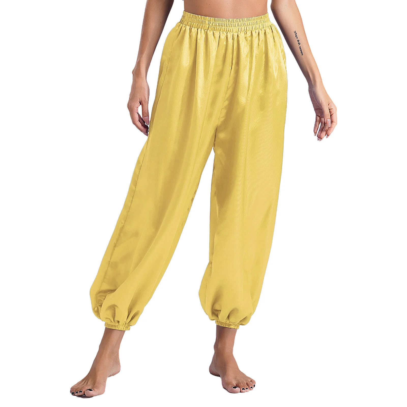 

Women Belly Dance Pants Casual Loose Solid Color Elastic Waistband Satin Bloomers for Belly Stage Performance Theme Party Pants