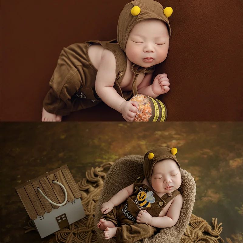 

Infants Photography Props Clothes Lovely Bee Theme Suits Suspender Trousers Hat Photography Outfits Studio Baby Photo Background