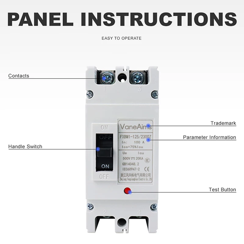 2P 500V Solar MCCB DC Breaker 100A 250A DC Moulded Case Circuit Breaker Photovoltaic PV Overload Protection Switch VaneAims