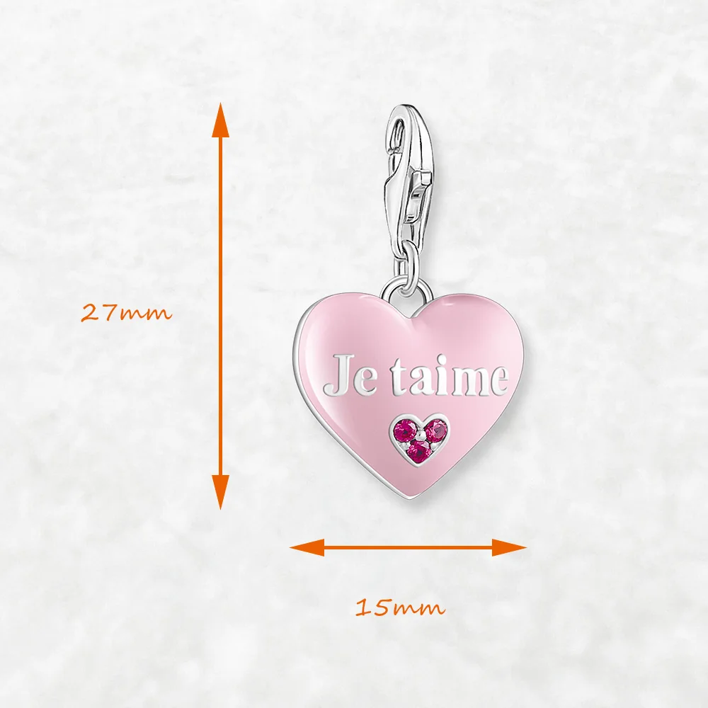 Pink Heart Je t’aime Charm Pendant Europe Style Club Good Jewelry Romantic Gift In 925 Sterling Silver