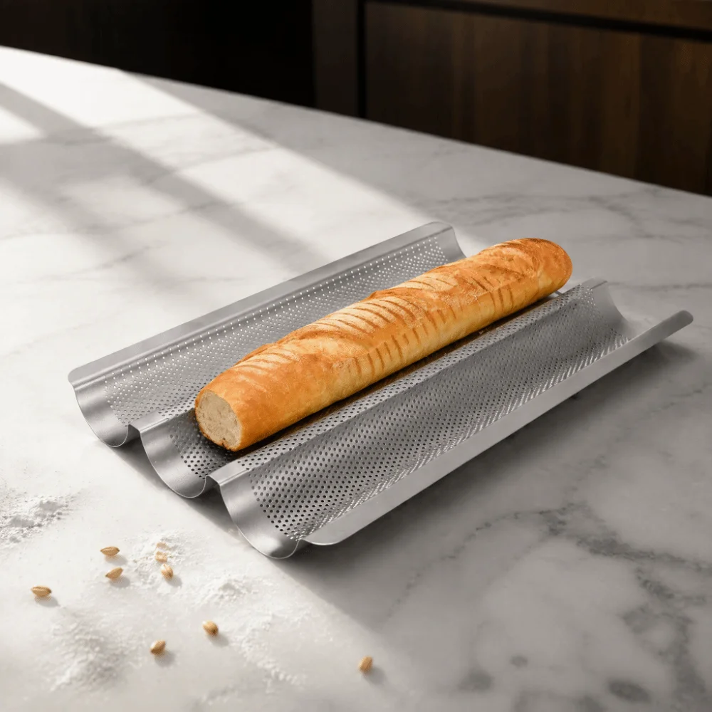 2PCS Carbon Steel Baguette Baking Pan Nonstick Perforated French Bread Pan Rounded Corner Three Channel Bread Baking Tray