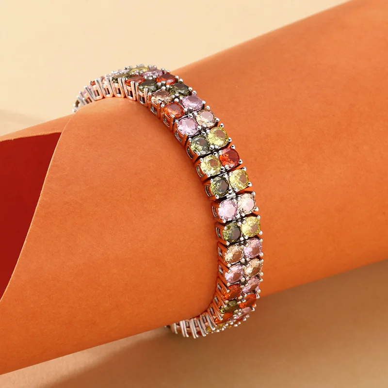 925 Sterling Women'S Double-Layer Colored Zircon Bracelet, Thai Silver Vintage Jewelry