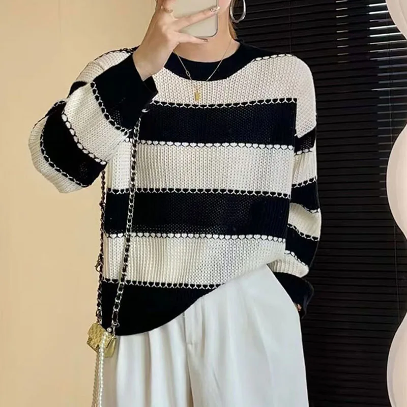 

Knitted Sweater Women Pullovers Sueters De Mujer New O-Neck Long Sleeve Striped Knit Sweater Pullover Women Tops Sweaters Q2794