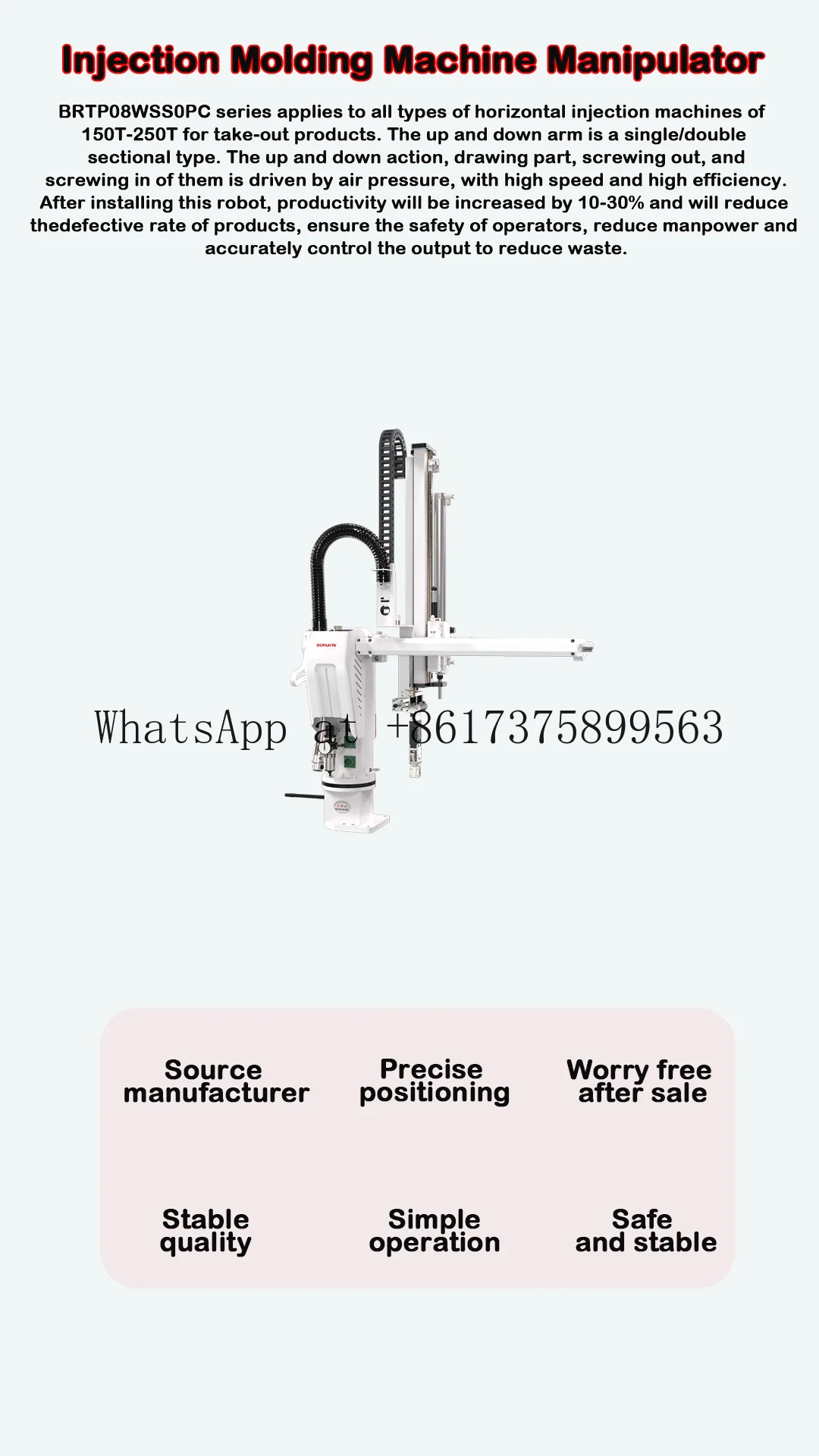 

BRTP08WSS0PC Swing-Arm Manipulator – Pneumatic Molding Robot for 150T-250T Horizontal Machine