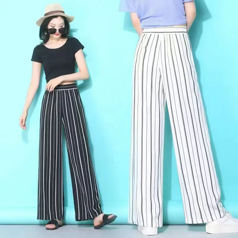 Summer Thin Stripe Wide Leg Pants Women Oversize 3xl Fashion Elastic High Waist Baggy Pantalones Office lady Straight Trousers