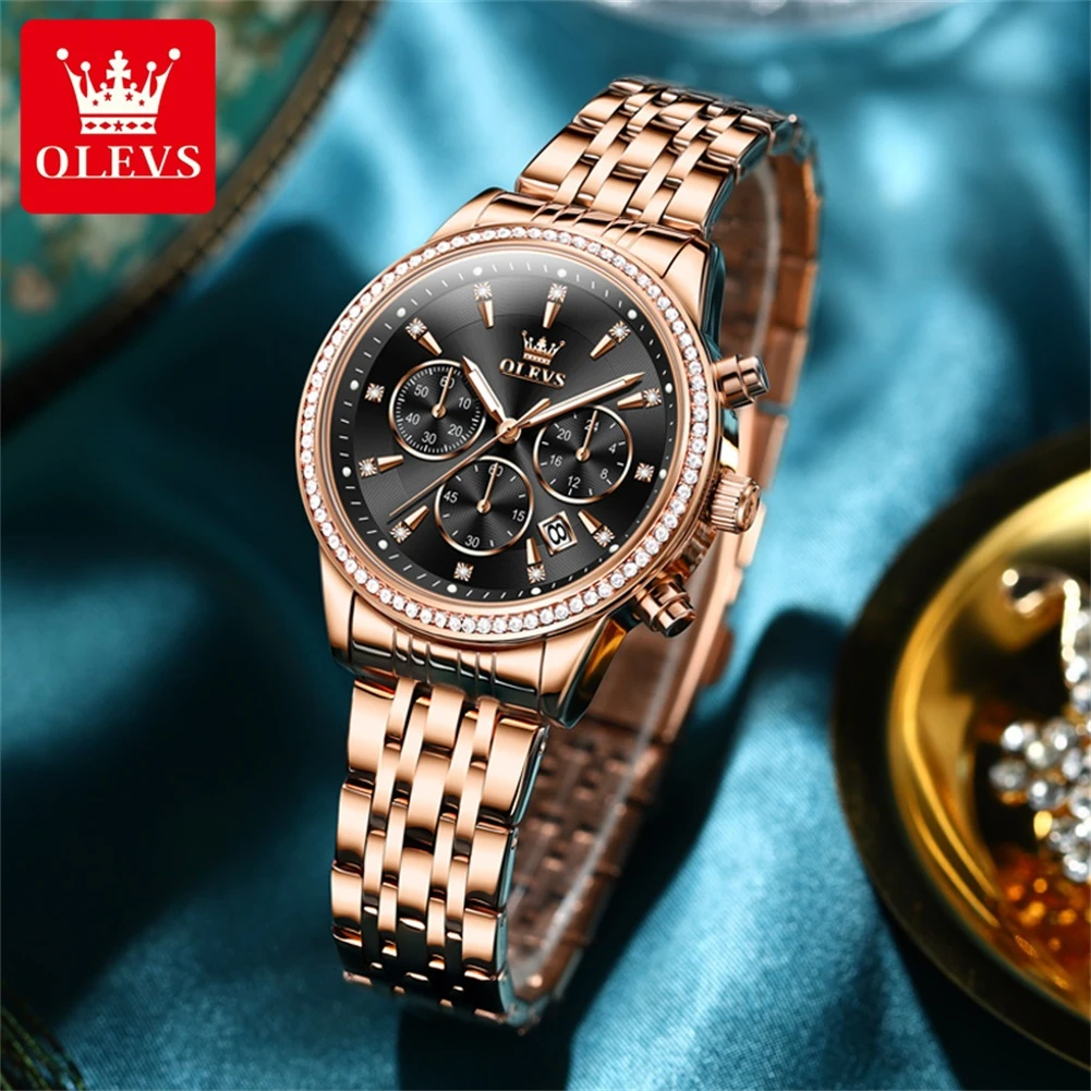 OLEVS 5582, кварцевые модные часы, подарок, круглый циферблат, ремешок для часов из нержавеющей стали, наручные часы, хронограф, календарь