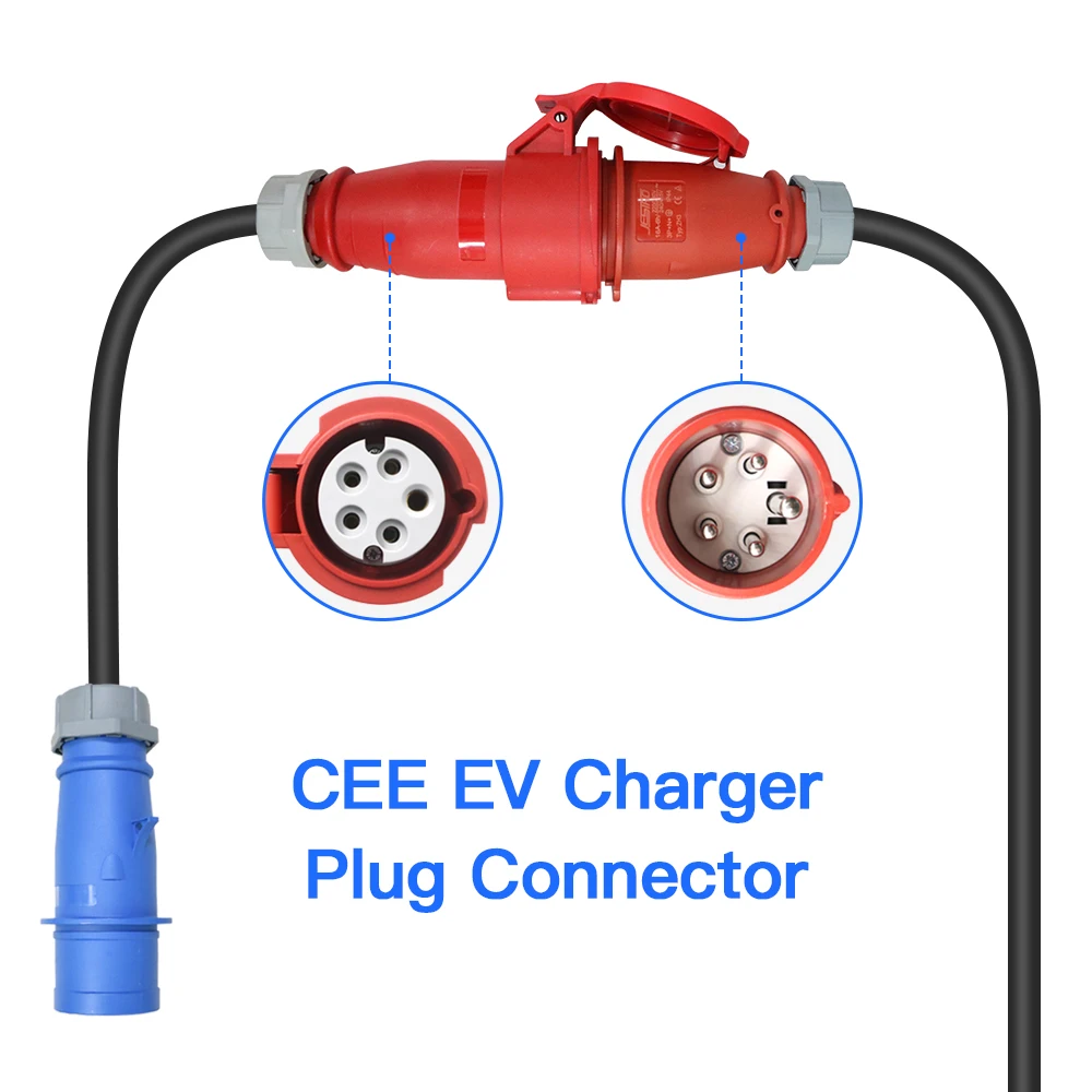 Adaptador de cargador EV 32A trifásico Cee rojo a 32A 1 fase Cee azul para cargador EV de 22KW carga de coche eléctrico EVSE