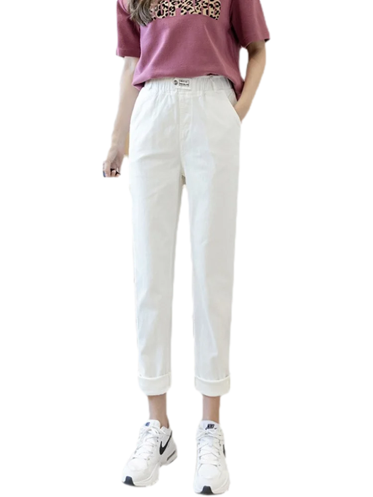 Jeans a gamba dritta da donna Vita elastica Casual Estate 2024 Nuovi pantaloni versatili dimagranti a nove punte Pantaloni casual con risvolto