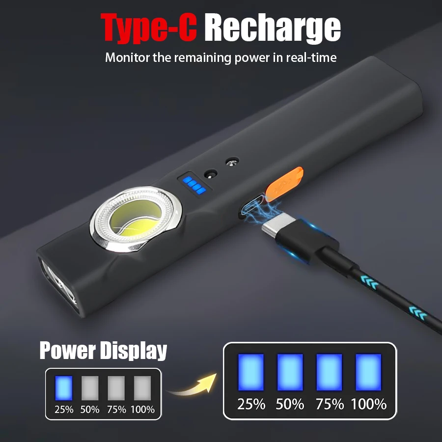 Multi-functional Portable Flashlight USB Rechargeable Work Light with Magnetic Outdoor Strong Dual Light Source Emergency Lamp